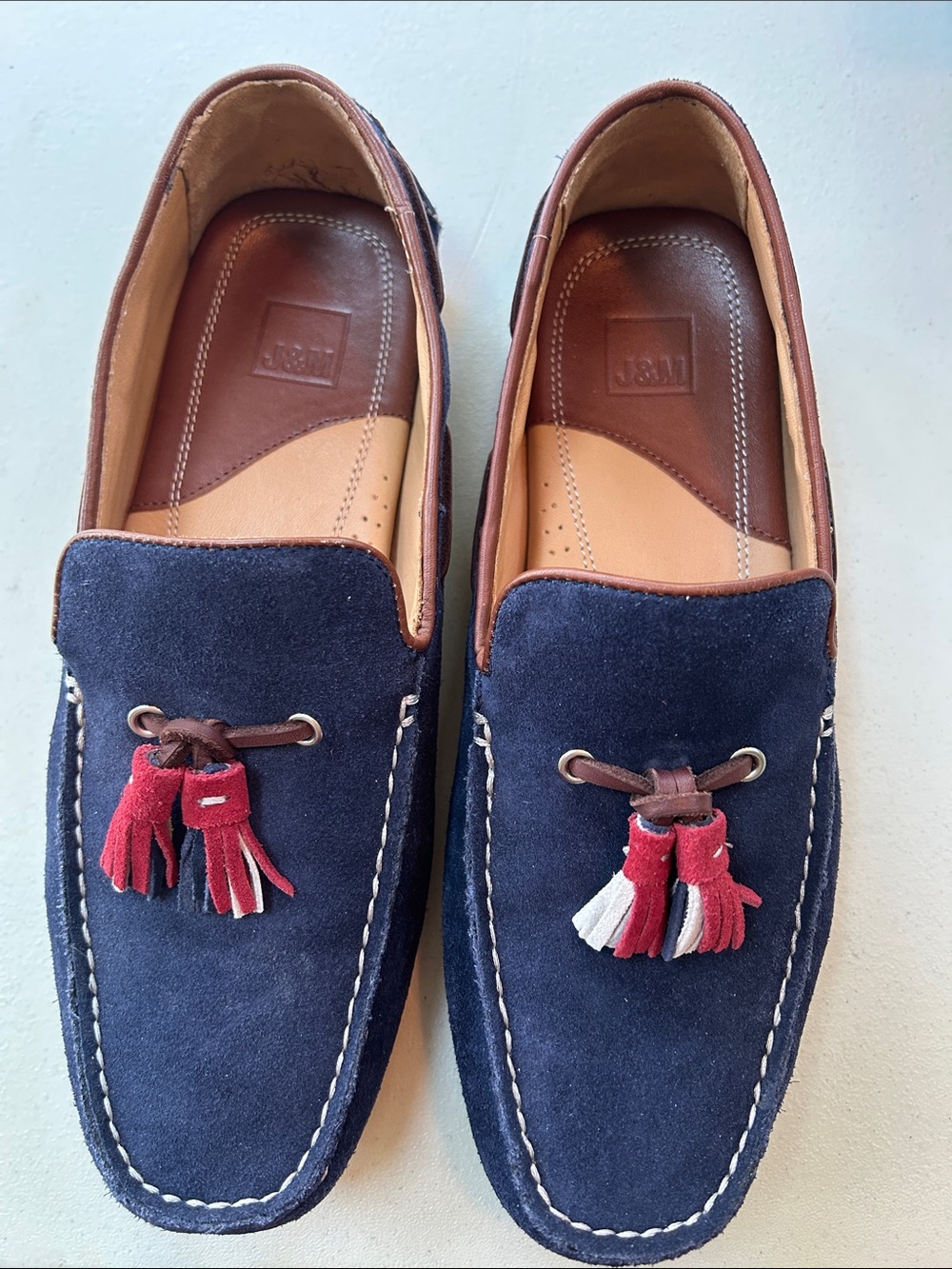 Johnston & Murphy Hartman. Navy Suede Tassel Driving Loafers Red & Cream Accent - Picture 3 of 7